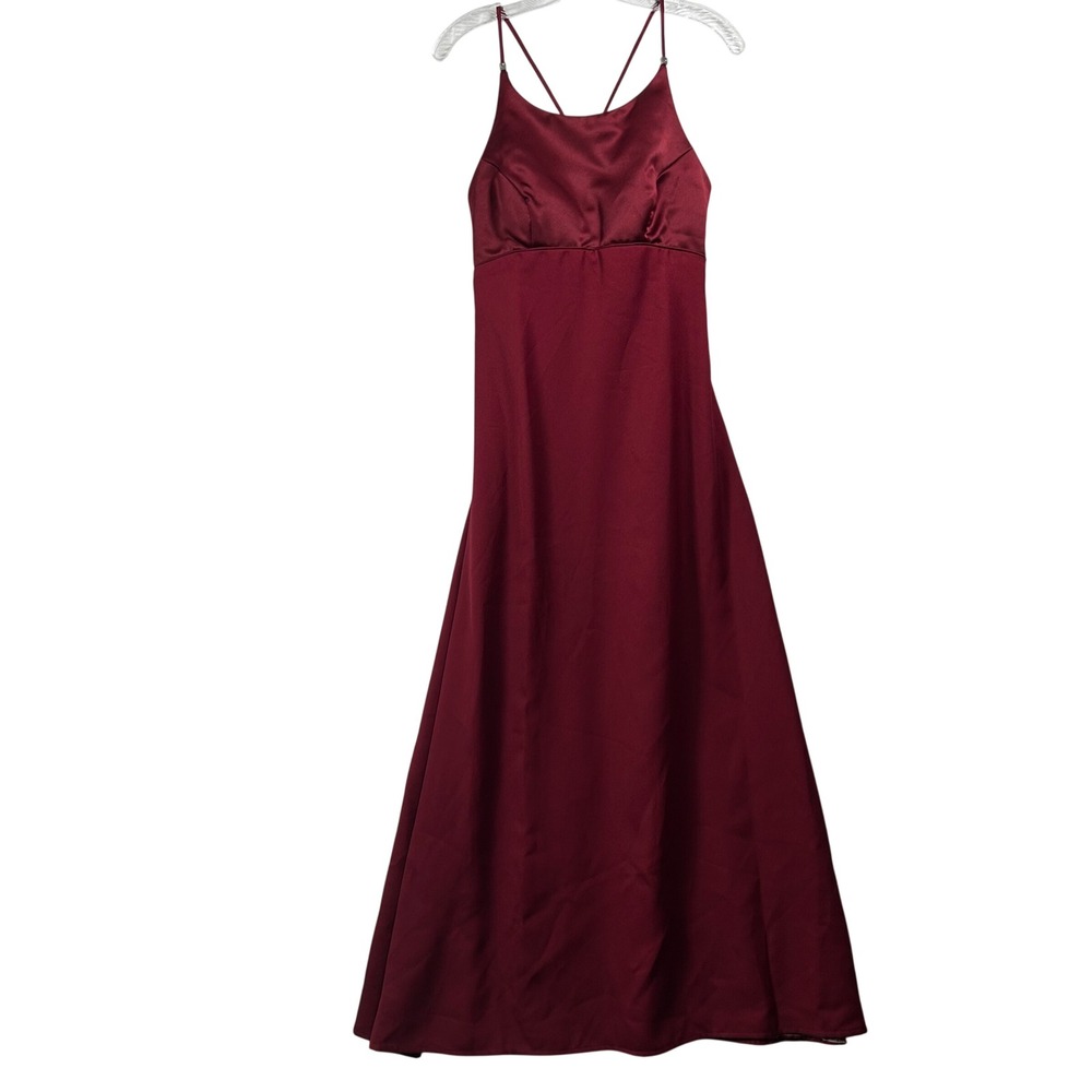 Alfred Angelo Burgundy Satin Open Back Bow Maxi Dress Gown Prom Juniors 5/6